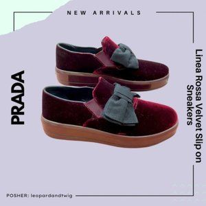 NWOT Prada Linea Rossa Velvet Bow slip on sneakers